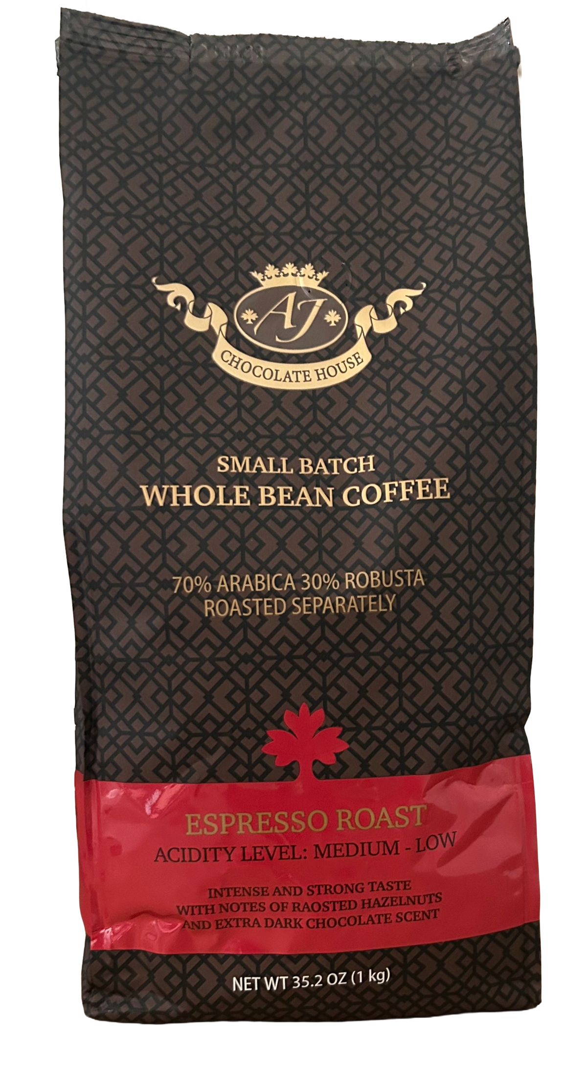 A 35.2 oz bag of J's Chocolate Horse Small Batch Whole Bean Coffee, Espresso Roast.